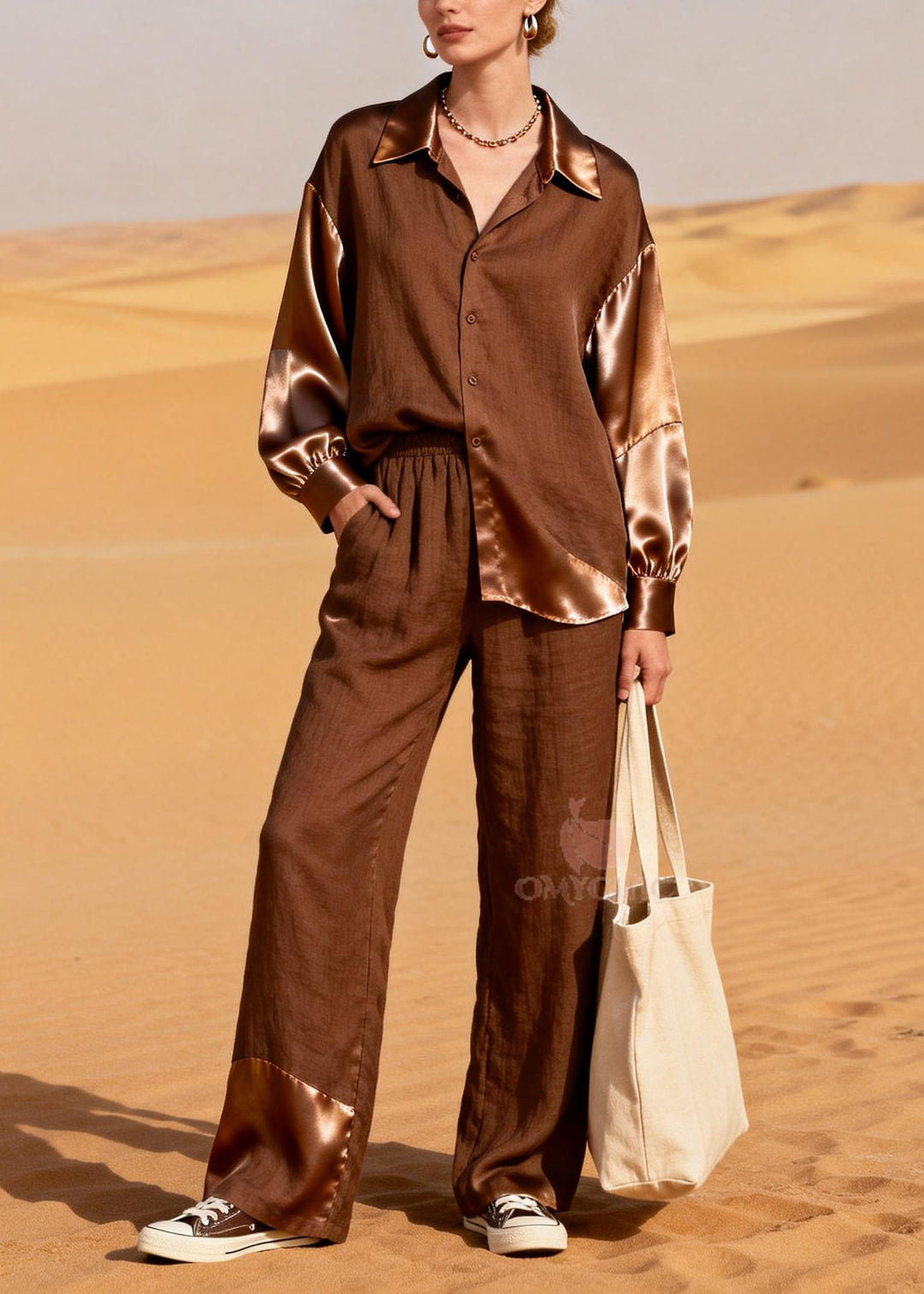 Elegant Chocolate Asymmetrical Patchwork Linen Two Piece Suit Set Spring