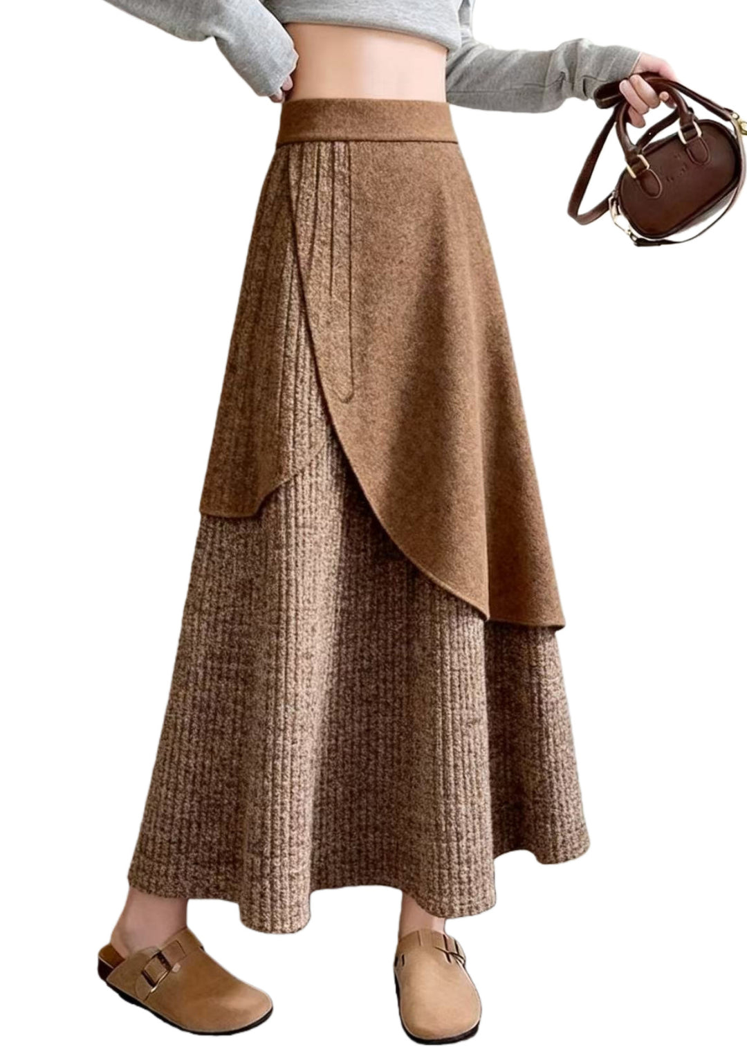 Elegant Coffee Asymmetrical Design Knit A Line Skirts Spring - Omychic