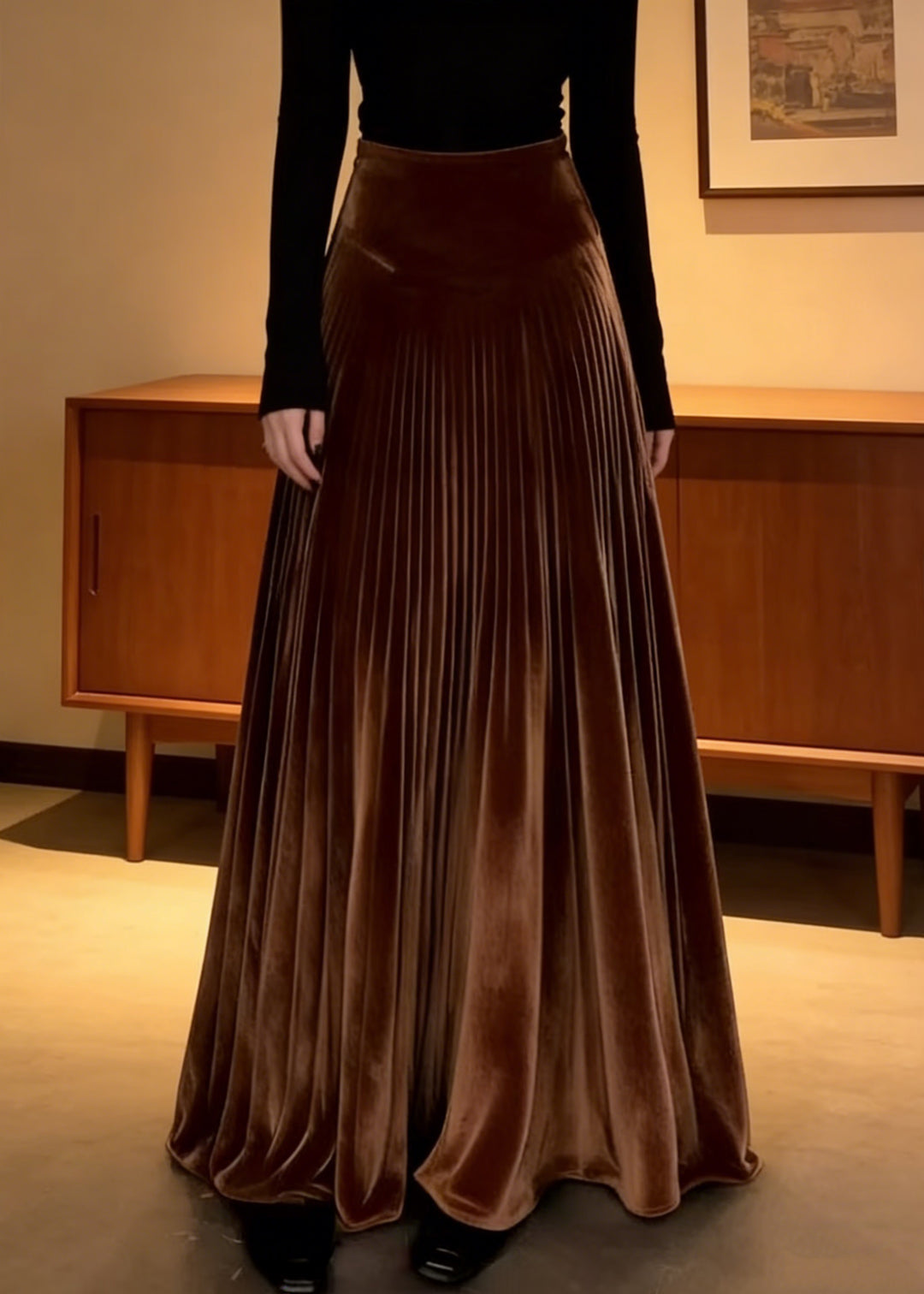 Elegant Coffee Elastic Waist Silk Velvet Maxi Skirts Spring - Omychic