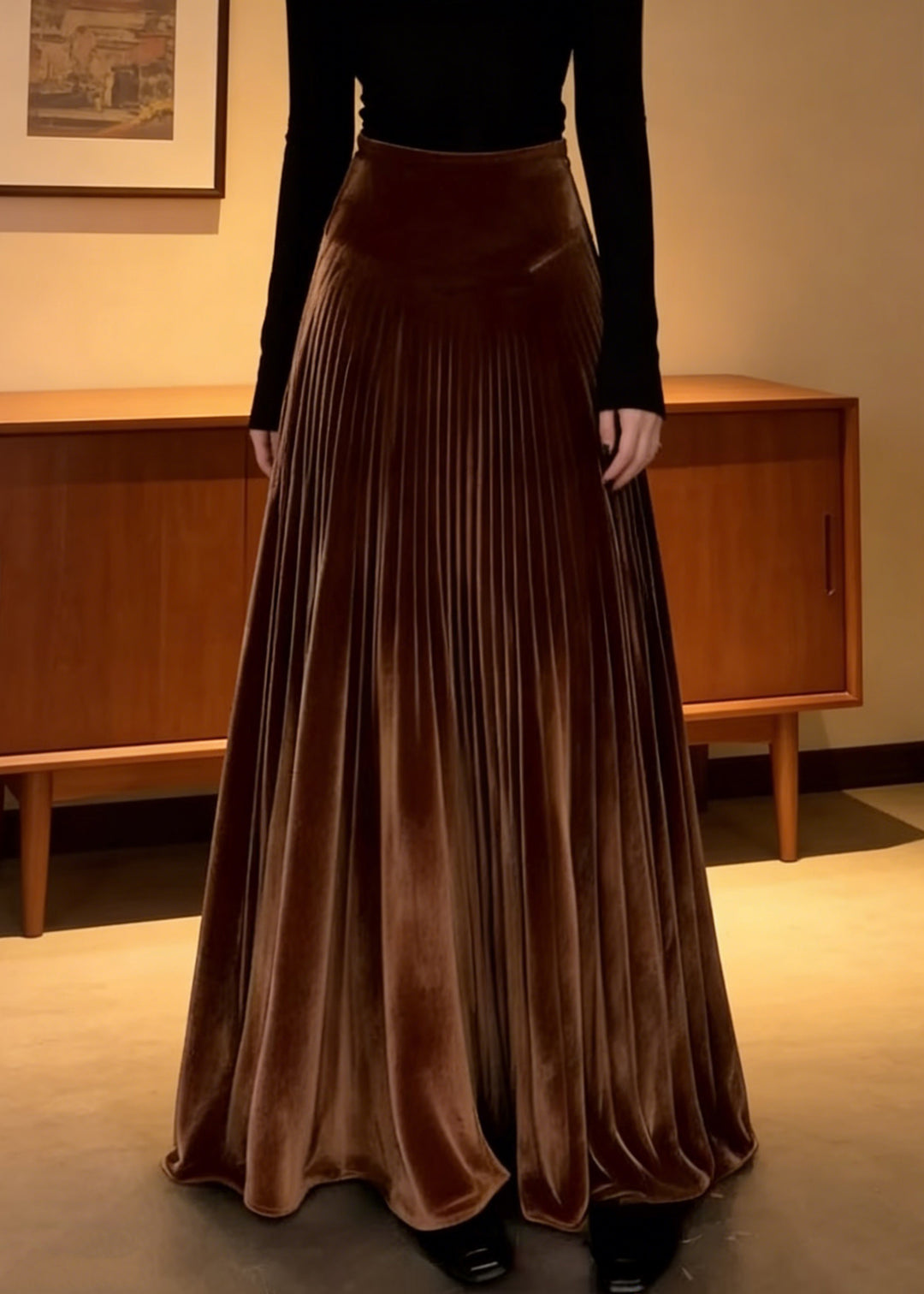 Elegant Coffee Elastic Waist Silk Velvet Maxi Skirts Spring - Omychic