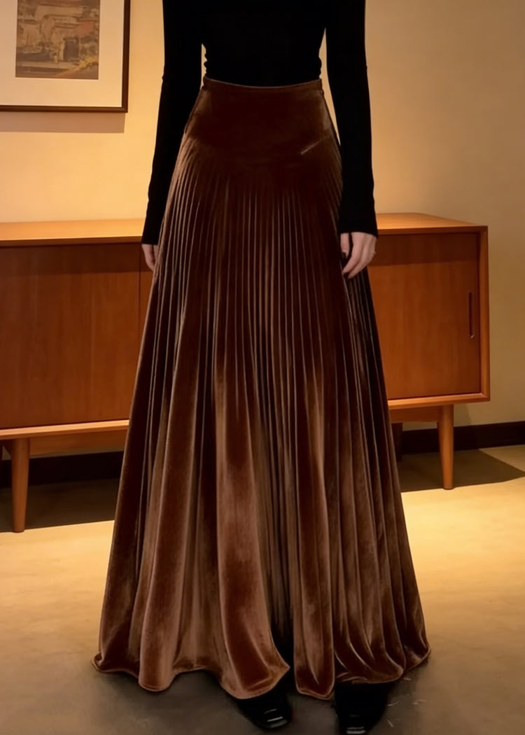 Elegant Coffee Elastic Waist Silk Velvet Maxi Skirts Spring - Omychic
