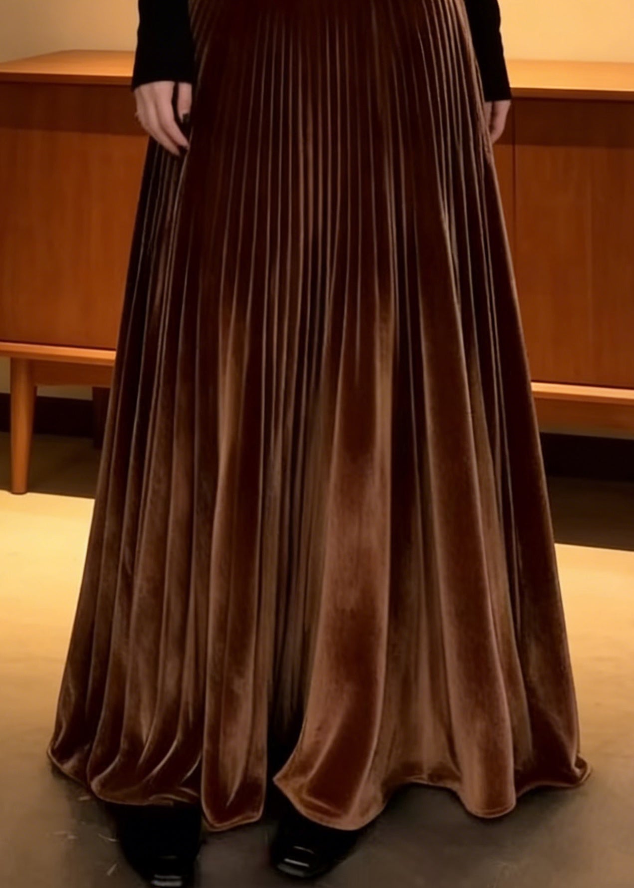 Elegant Coffee Elastic Waist Silk Velvet Maxi Skirts Spring - Omychic