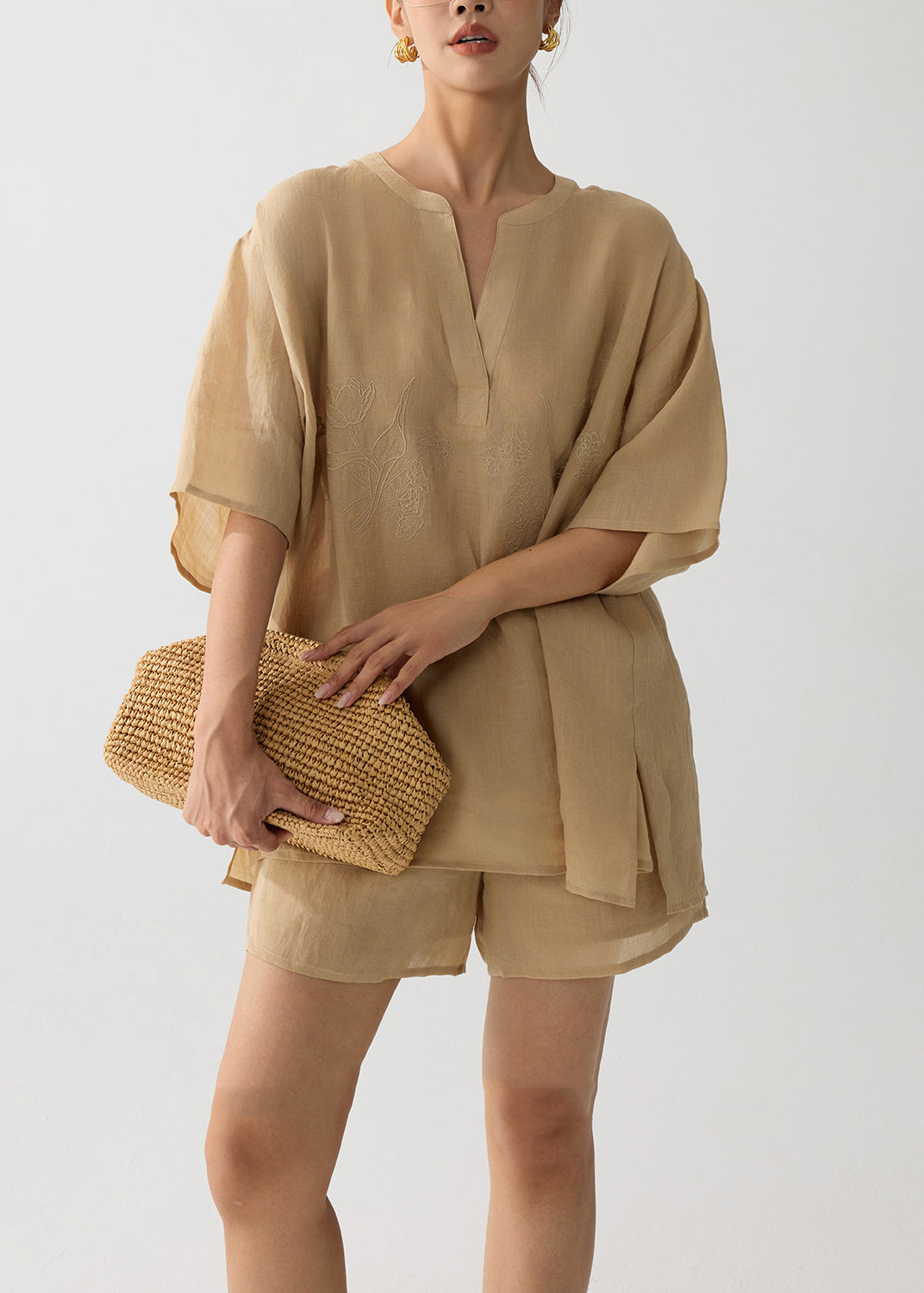 Elegant Coffee Embroidered Linen Two Pieces Set Summer