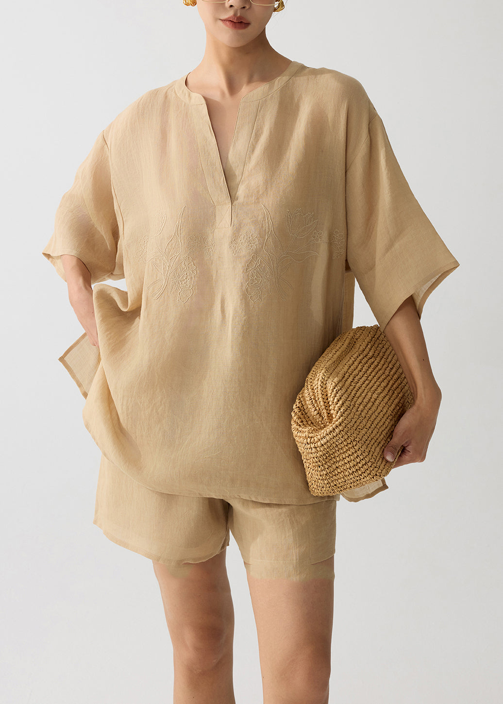 Elegant Coffee Embroidered Linen Two Pieces Set Summer