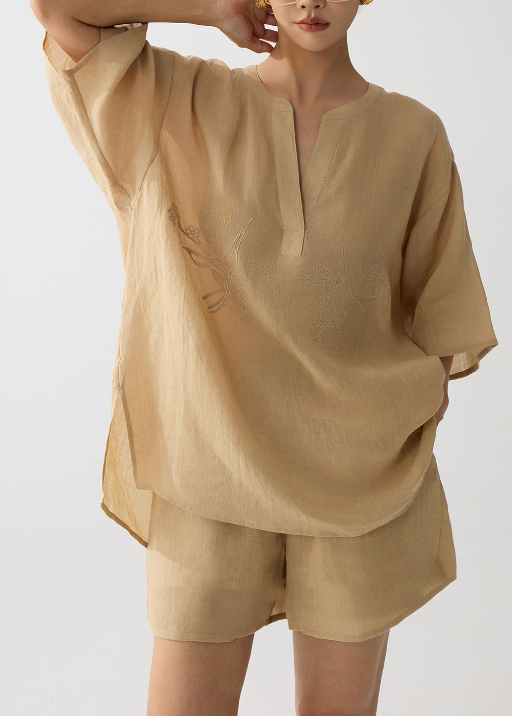 Elegant Coffee Embroidered Linen Two Pieces Set Summer