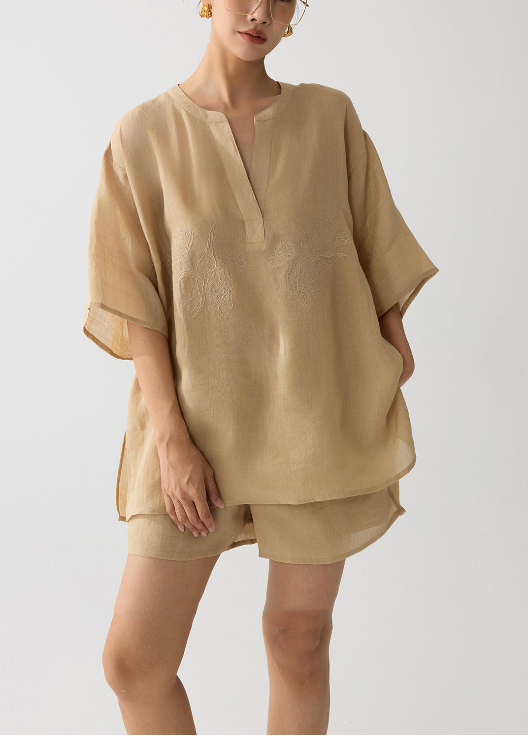 Elegant Coffee Embroidered Linen Two Pieces Set Summer