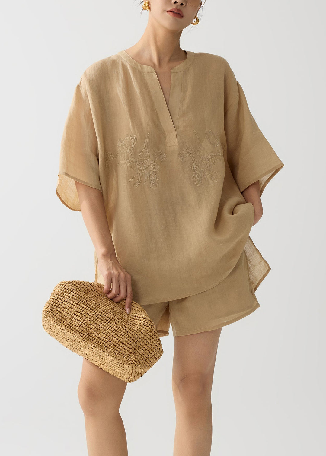 Elegant Coffee Embroidered Linen Two Pieces Set Summer