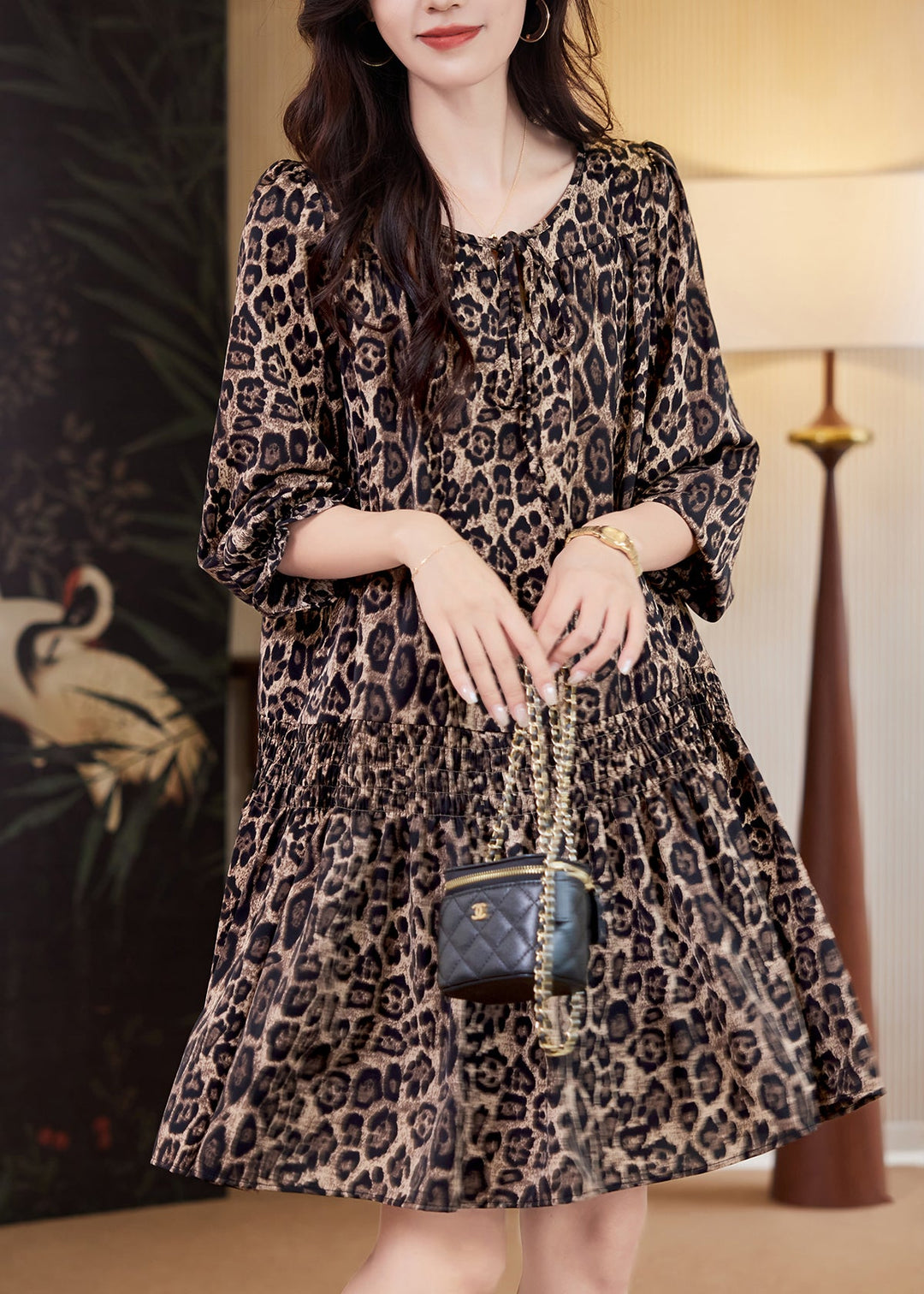 Elegant Coffee Leopard Print Elastic Waist Mid Dresses Fall