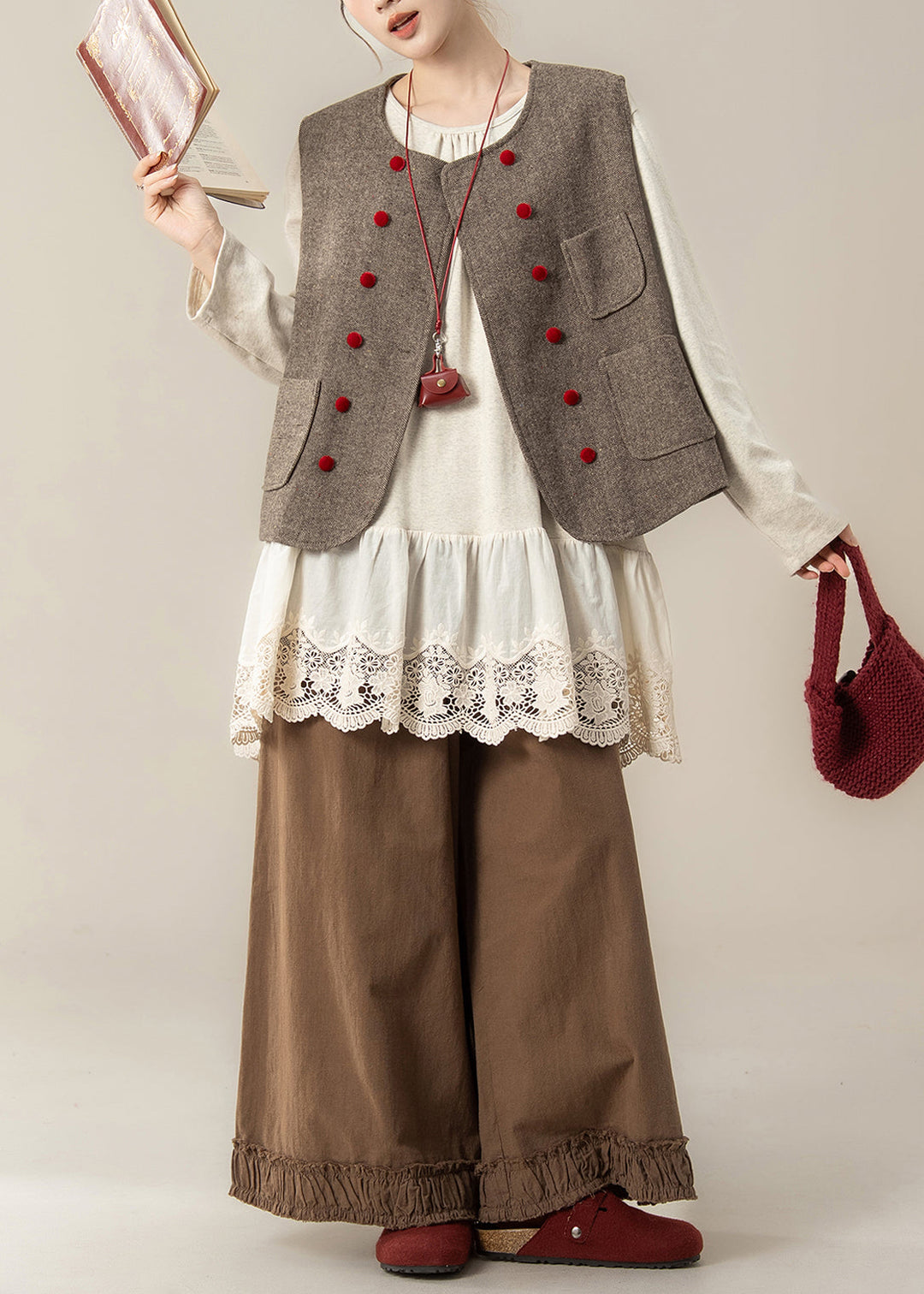 Elegant Coffee Pockets Woolen Waistcoat And Ruffled Pants Hollow Out T Shirt Cotton Three Pieces Set Fall