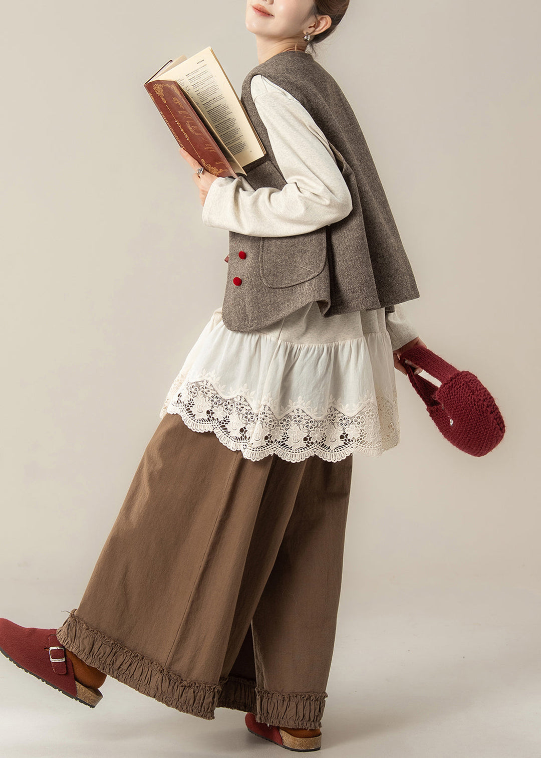 Elegant Coffee Pockets Woolen Waistcoat And Ruffled Pants Hollow Out T Shirt Cotton Three Pieces Set Fall