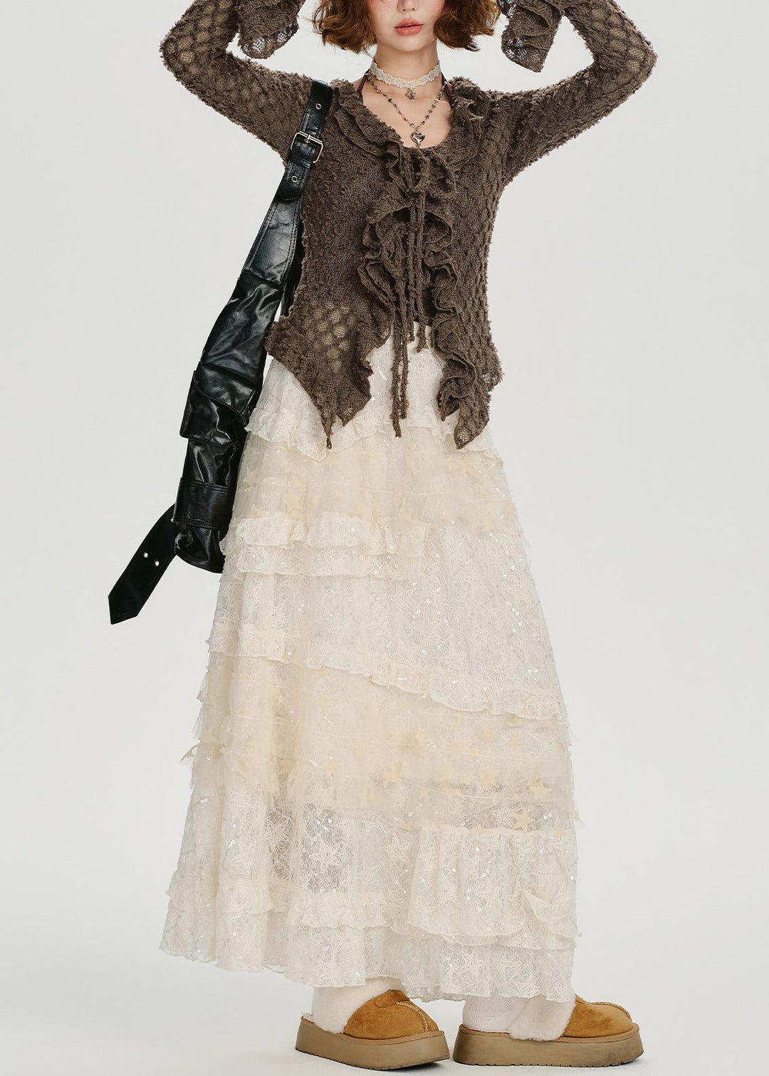 Elegant Coffee Ruffled Hollow Out Knit Shirts Flare Sleeve