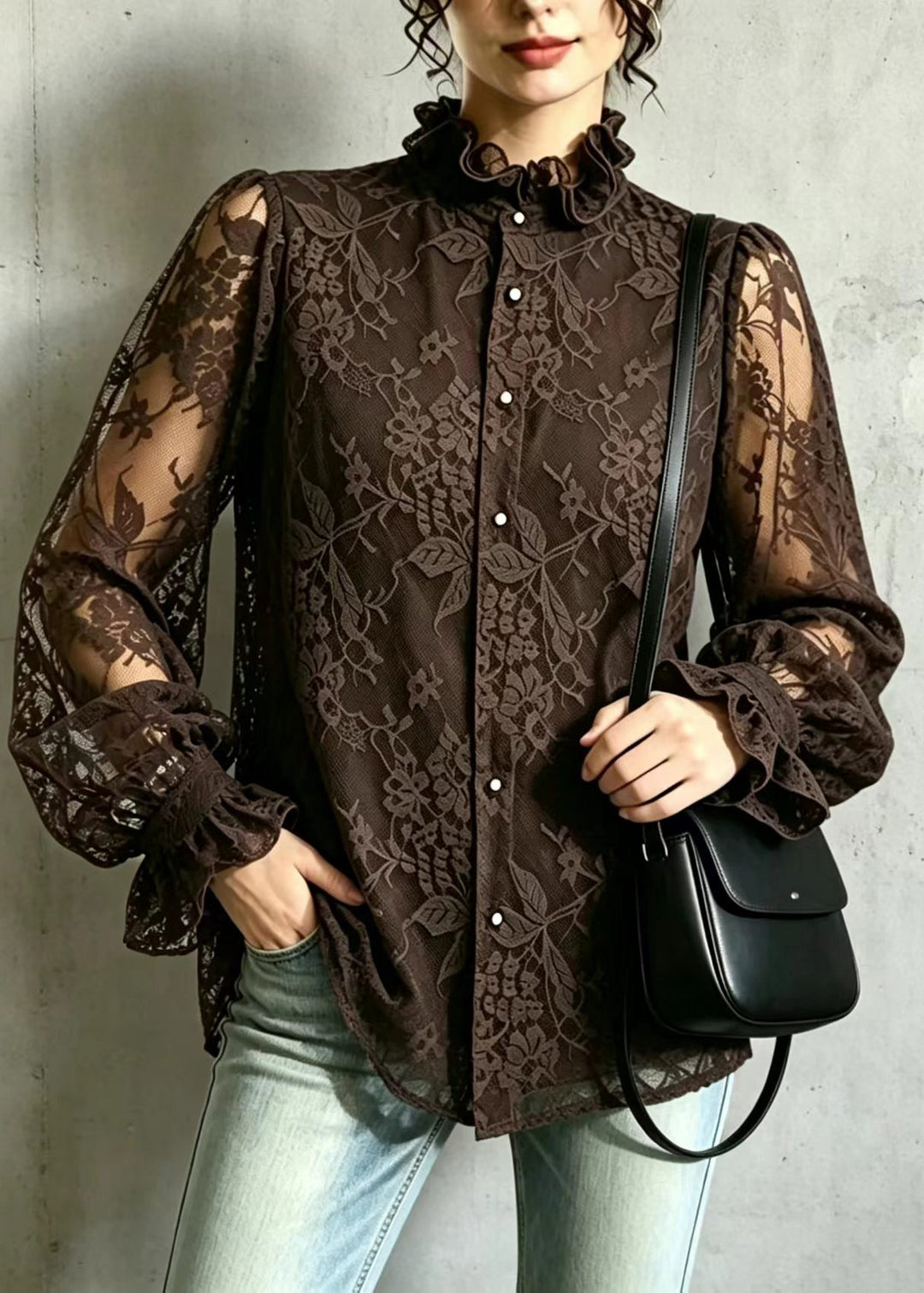 Elegant Coffee Ruffled Stand Collar Sheer Lace Blouse Top Long sleeve