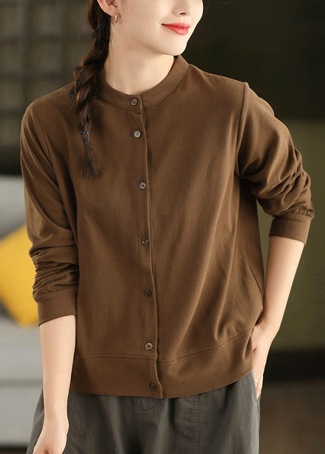 Elegant Coffee Stand Collar Cotton Shirts Fall