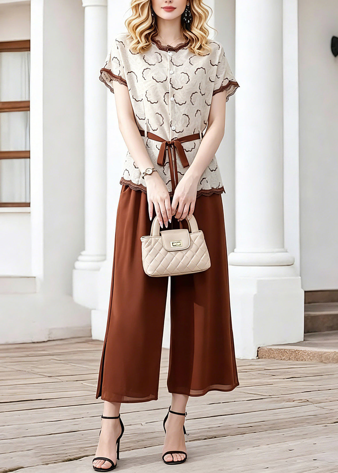 Elegant Coffee Tie Waist Chiffon Tops And Crop Pants Two Piece Set Short Sleeve