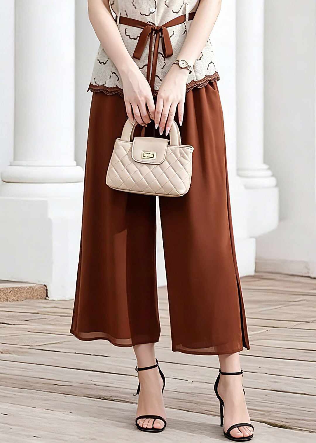 Elegant Coffee Tie Waist Chiffon Tops And Crop Pants Two Piece Set Short Sleeve