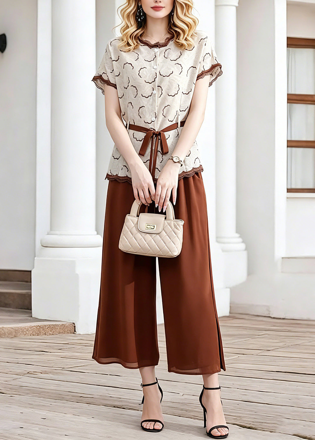 Elegant Coffee Tie Waist Chiffon Tops And Crop Pants Two Piece Set Short Sleeve