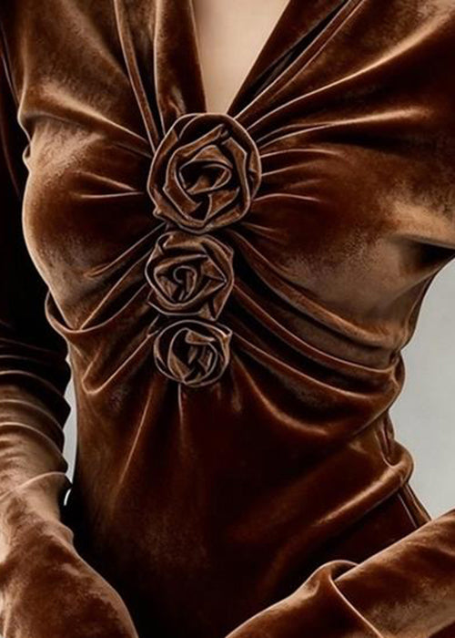 Elegant Coffee V Neck Wrinkled Floral Silk Velour T Shirt Winter