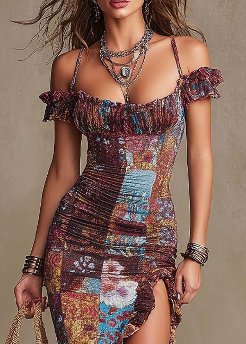 Elegant Cold Shoulder Ruffled Asymmetrical Design Print Cotton Long Dress Summer