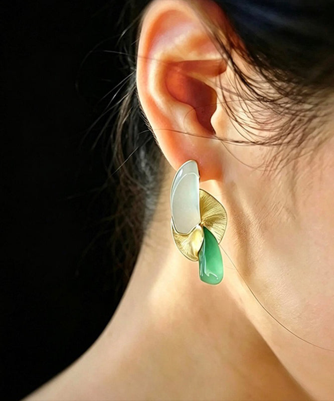 Elegant Colorblock Alloy Ginkgo Leaf Chalcedony Water Drop Drop Earrings