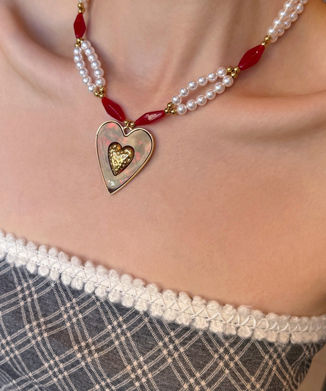 Elegant Colorblock Alloy Pearl Love Glass Bead Pendant Necklace