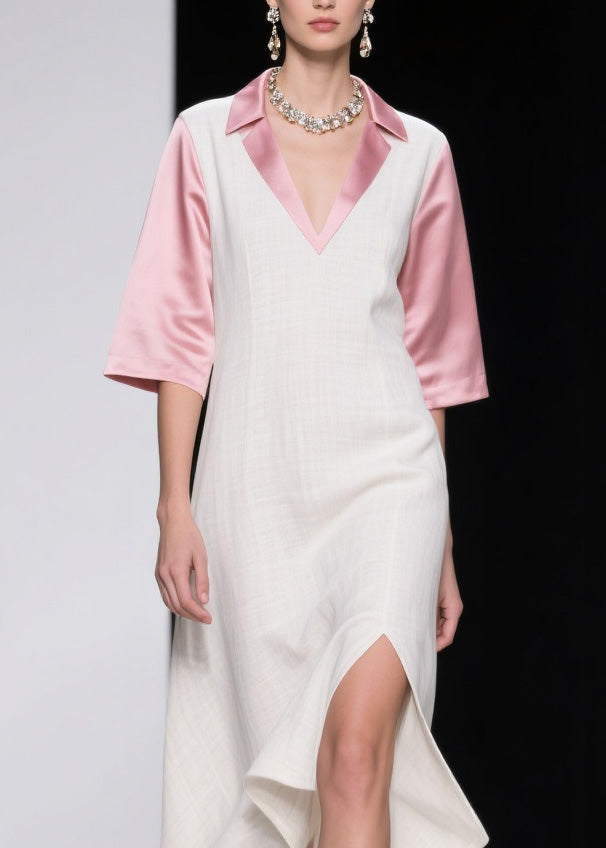 Elegant Colorblock Asymmetrical Patchwork Linen Silk Dresses Summer