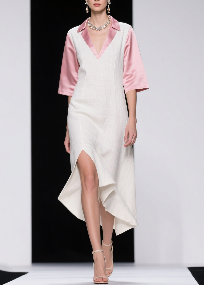 Elegant Colorblock Asymmetrical Patchwork Linen Silk Dresses Summer