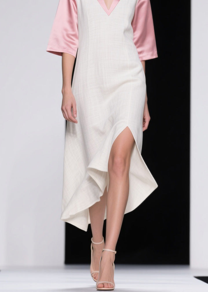 Elegant Colorblock Asymmetrical Patchwork Linen Silk Dresses Summer