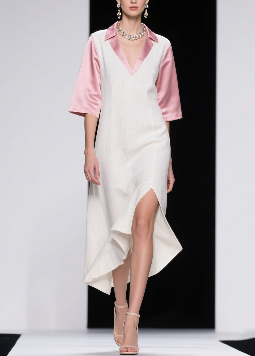 Elegant Colorblock Asymmetrical Patchwork Linen Silk Dresses Summer