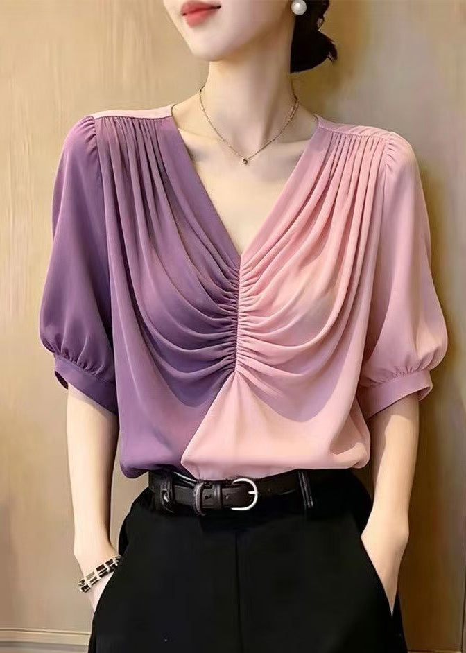 Elegant Colorblock Asymmetrical Patchwork Wrinkled Chiffon Blouse Tops Summer