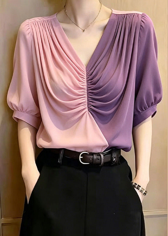 Elegant Colorblock Asymmetrical Patchwork Wrinkled Chiffon Blouse Tops Summer