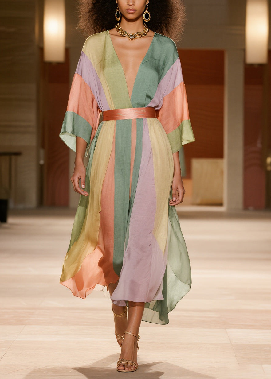 Elegant Colorblock Cinched Striped Silk Cotton Dress Summer