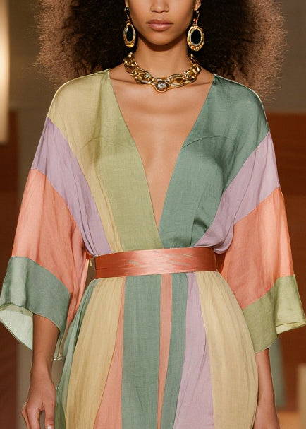 Elegant Colorblock Cinched Striped Silk Cotton Dress Summer