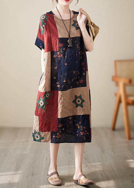 Elegant Colorblock Print Maxi Dresses Short Sleeve