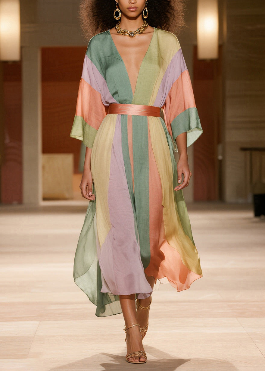 Elegant Colorblock Striped Draping Silk Cotton Tunic Dresses Summer