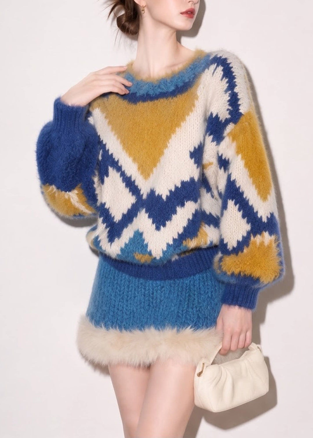 Elegant Colorblock Sweater And Faux Fur Hem Mini Skirt Two Piece Set Fall
