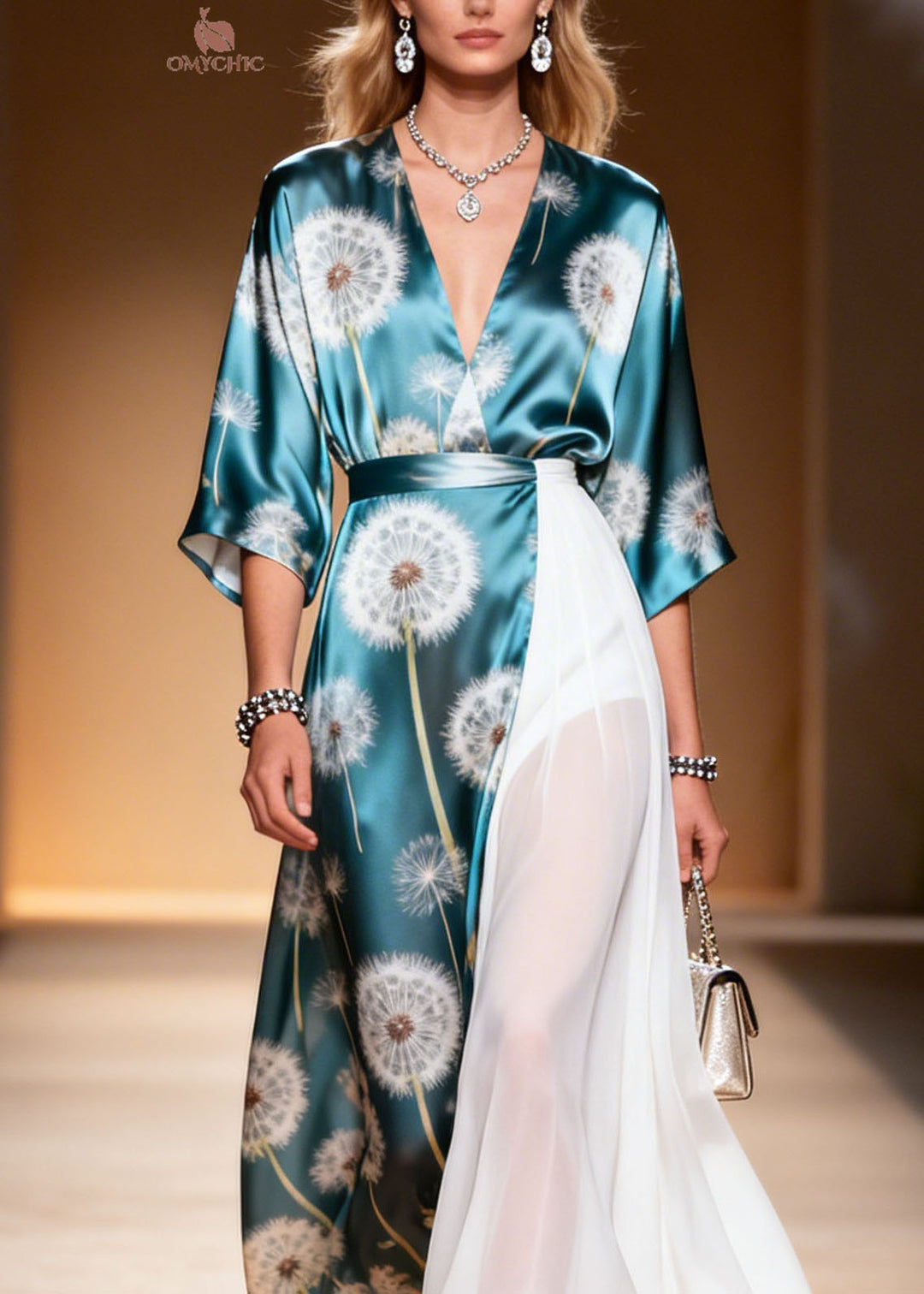 Elegant Colorblock V Neck Asymmetrical Patchwork Chiffon Dresses Summer