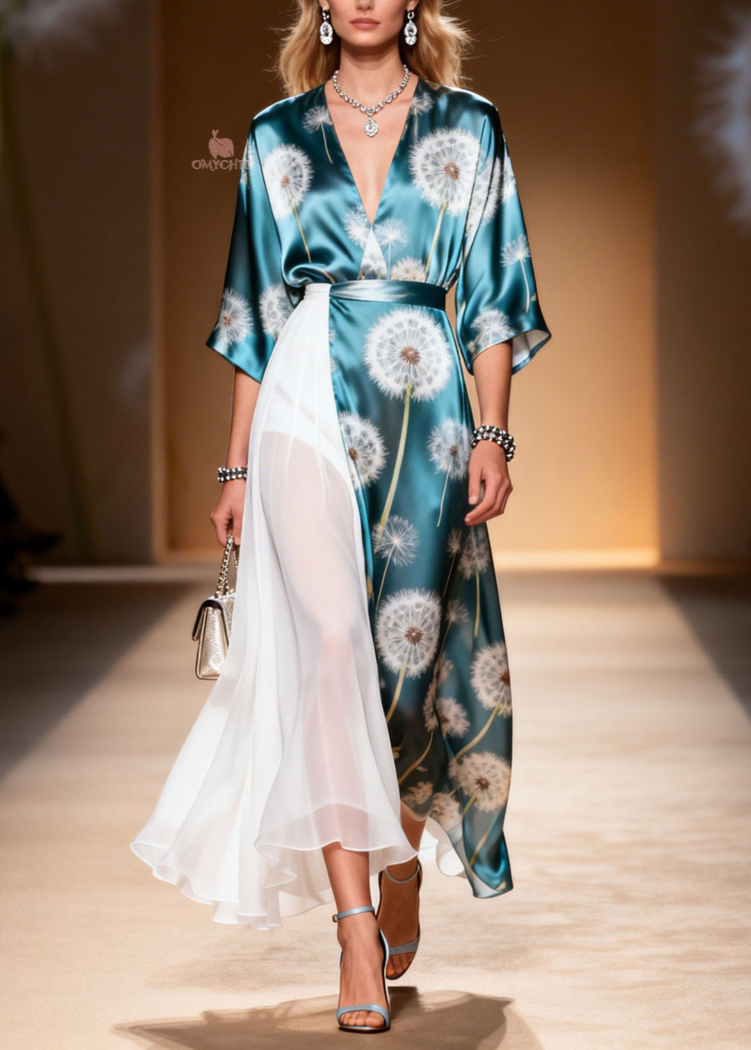 Elegant Colorblock V Neck Asymmetrical Patchwork Chiffon Dresses Summer