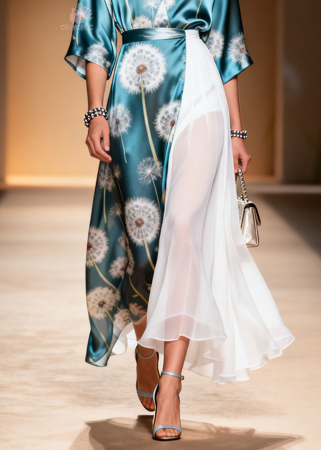 Elegant Colorblock V Neck Asymmetrical Patchwork Chiffon Dresses Summer