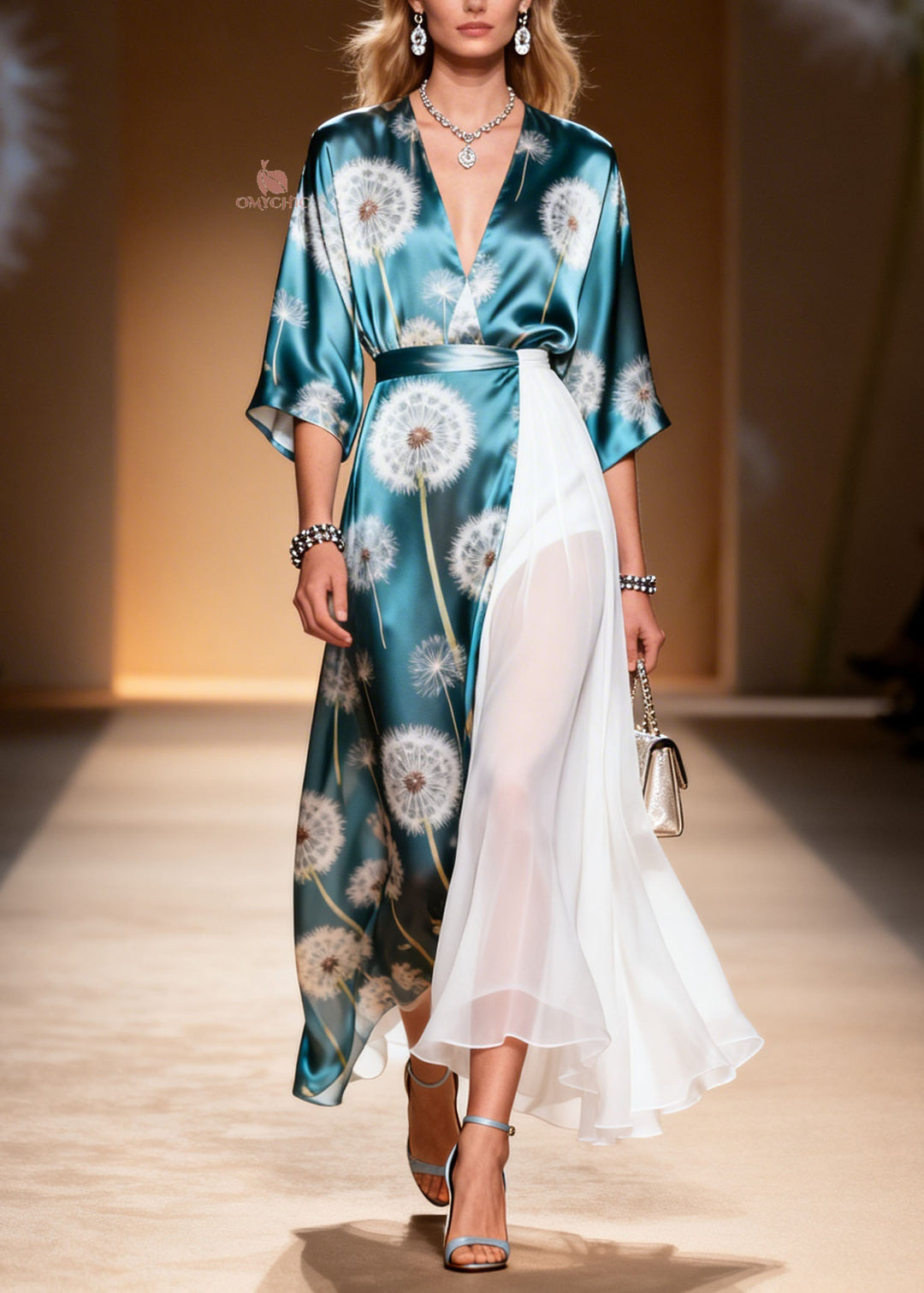 Elegant Colorblock V Neck Asymmetrical Patchwork Chiffon Dresses Summer