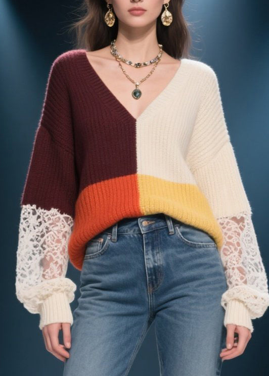 Elegant Colorblock V Neck Lace Patchwork Knit Sweater Fall