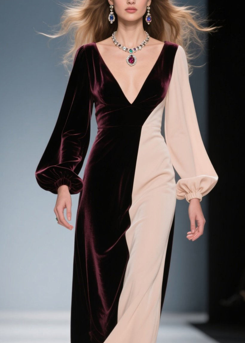 Elegant Colorblock V Neck Patchwork Velvet Long Dress Fall