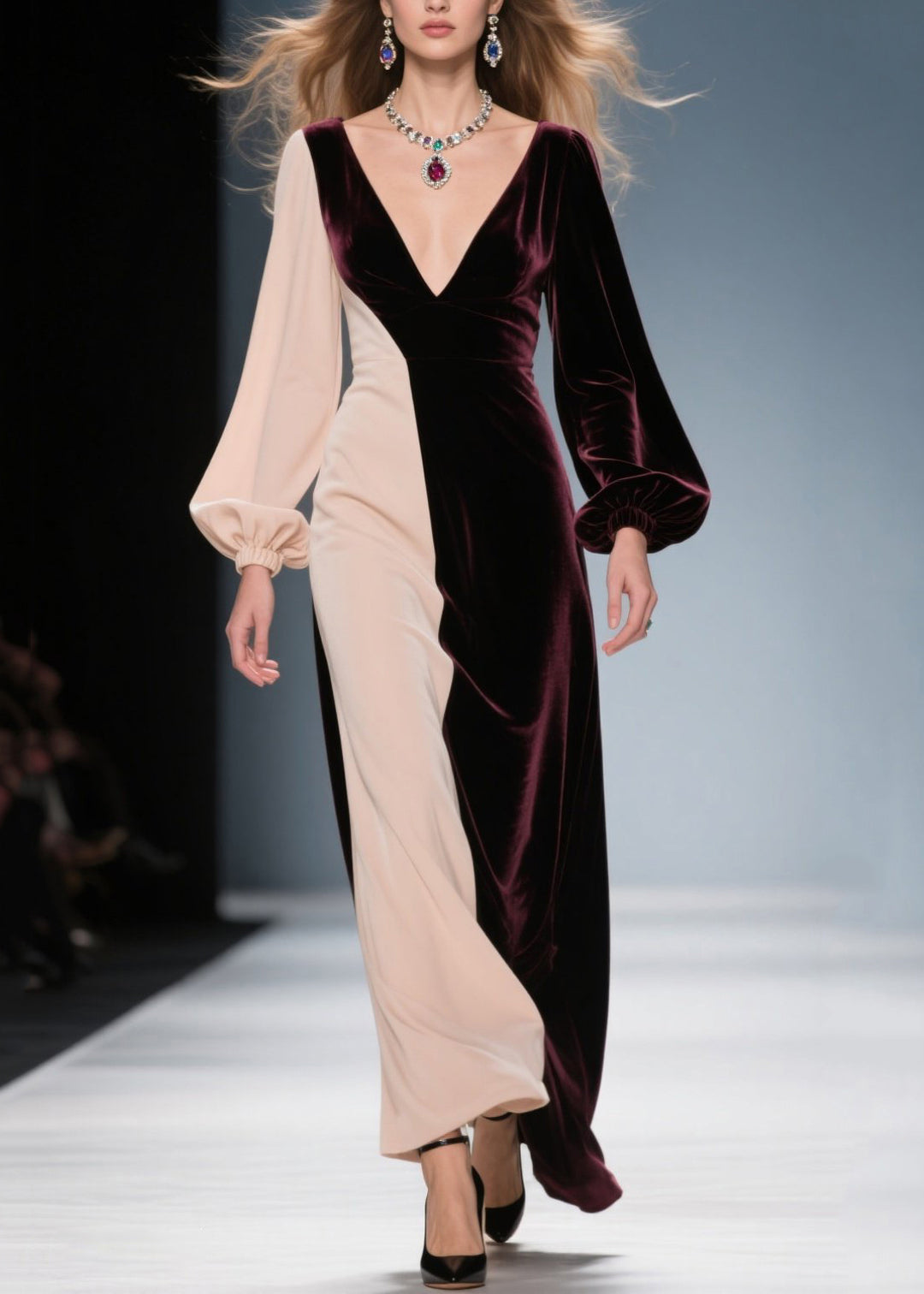 Elegant Colorblock V Neck Patchwork Velvet Long Dress Fall