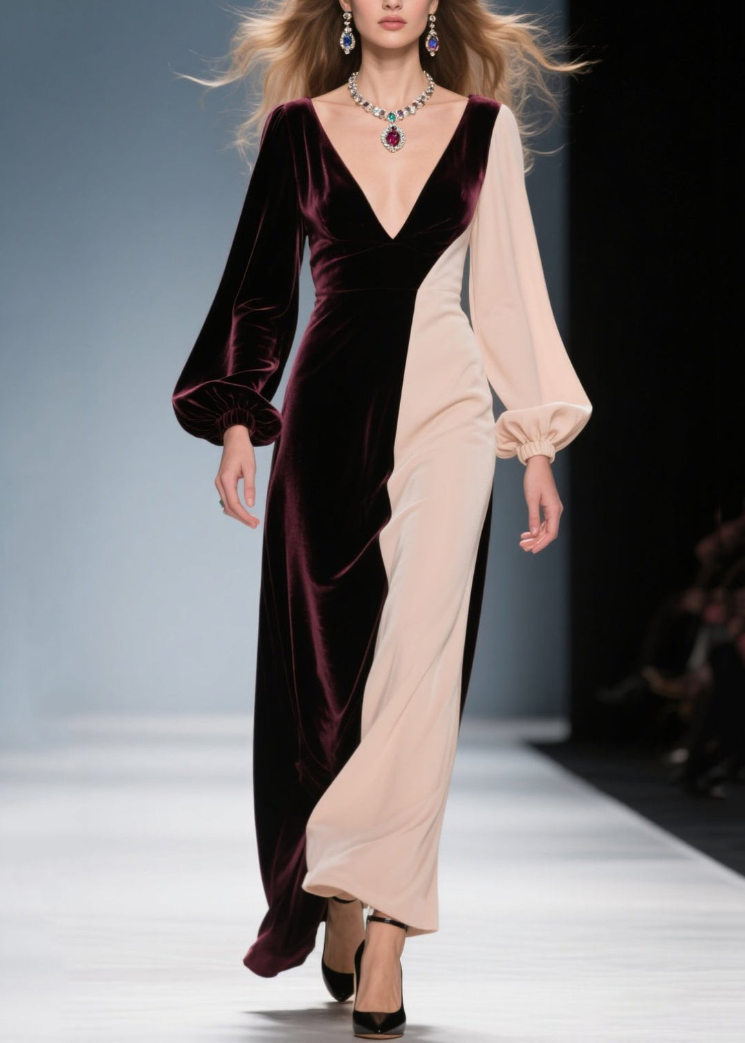 Elegant Colorblock V Neck Patchwork Velvet Long Dress Fall