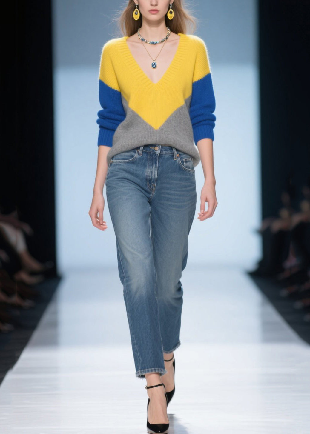 Elegant Colorblock V Neck Patchwork Warm Sweater Tops Winter