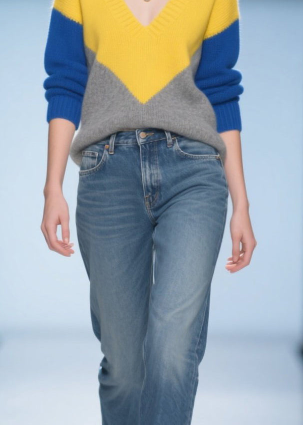 Elegant Colorblock V Neck Patchwork Warm Sweater Tops Winter