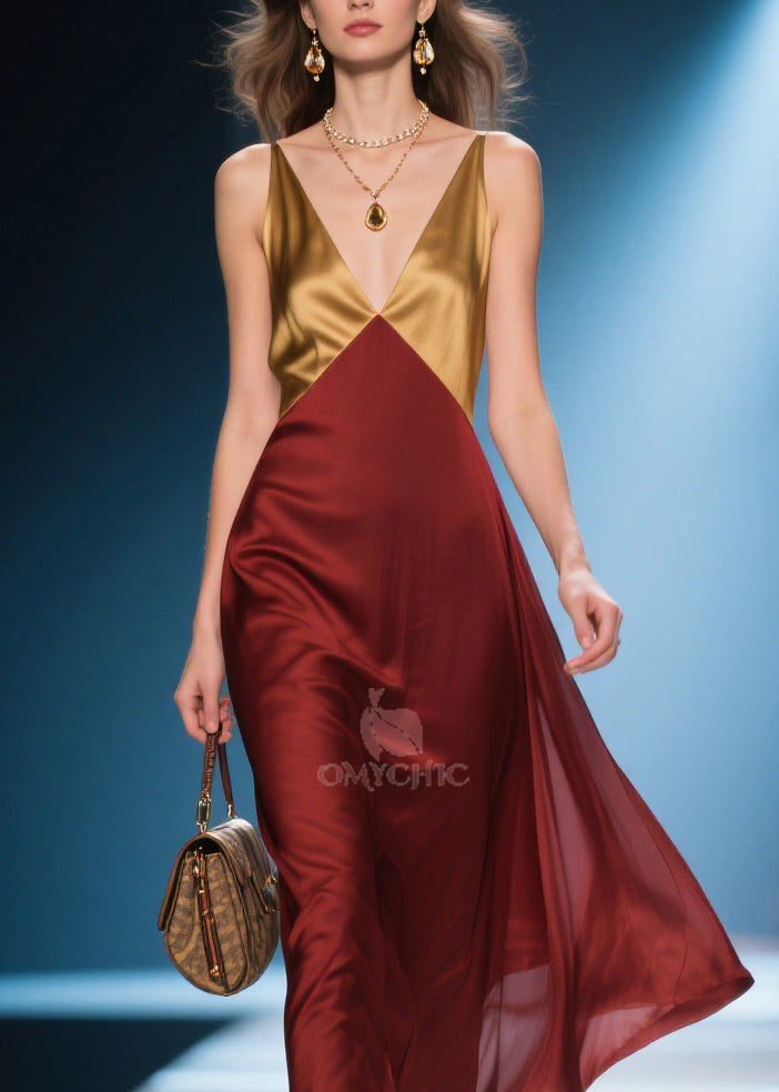 Elegant Colorblock V Neck Silk Long Dress Summer