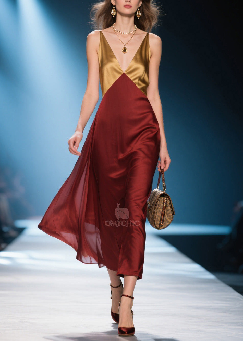 Elegant Colorblock V Neck Silk Long Dress Summer
