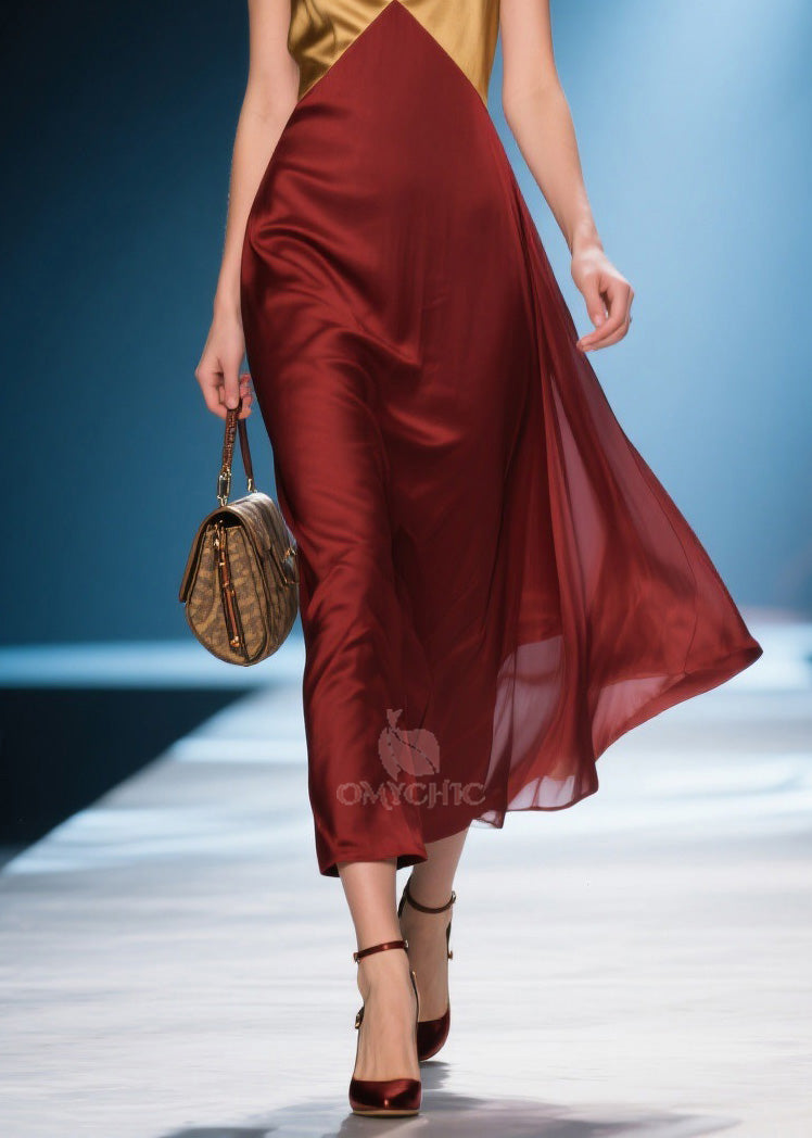 Elegant Colorblock V Neck Silk Long Dress Summer