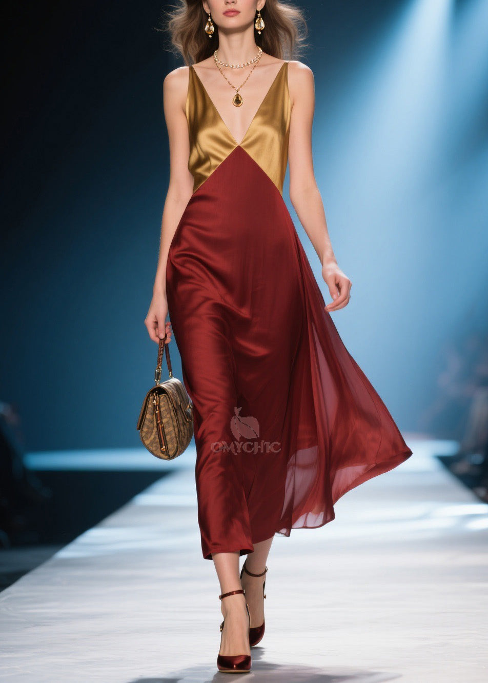 Elegant Colorblock V Neck Silk Long Dress Summer