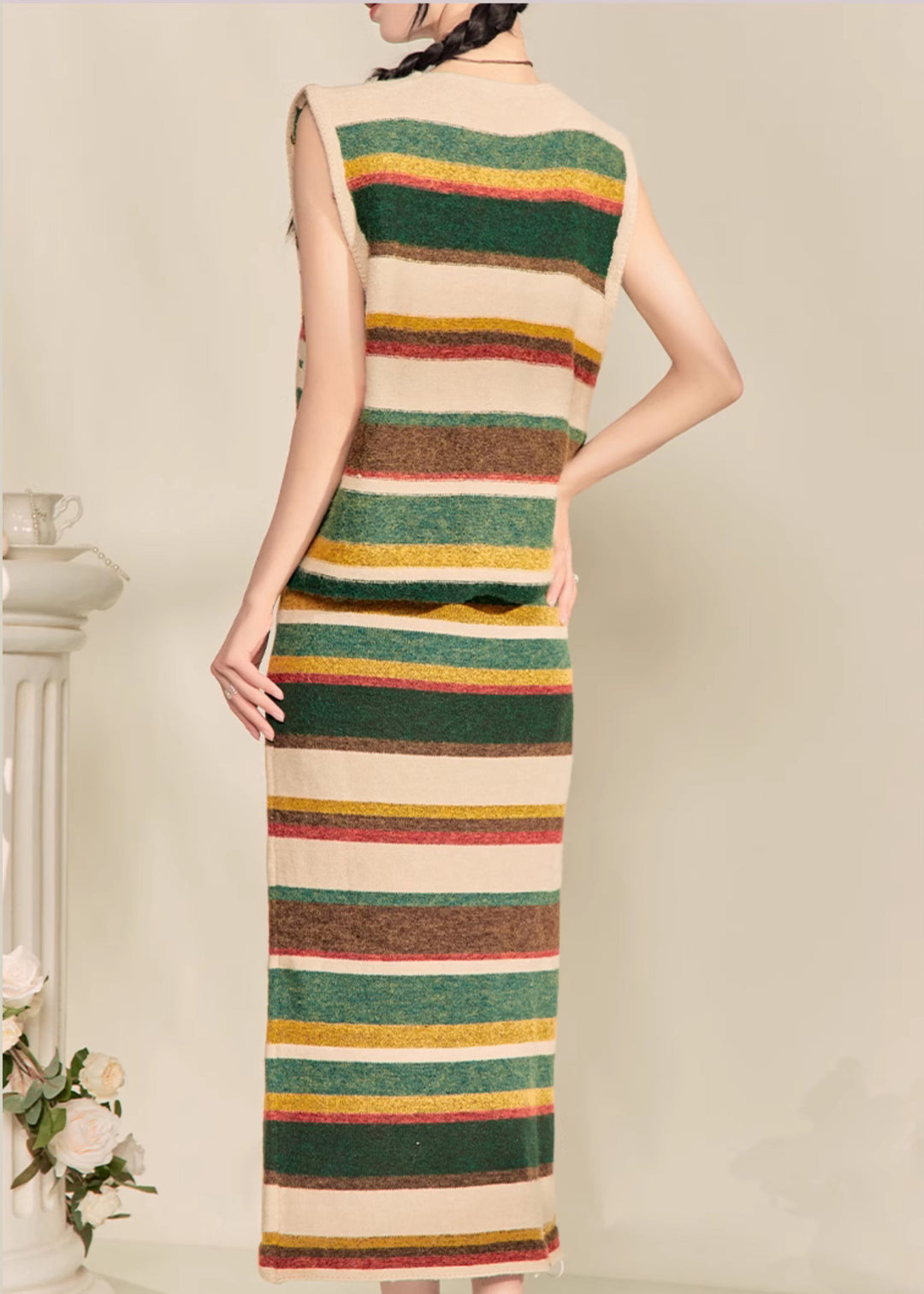 Elegant Colorblock V Neck Striped Knit Waistcoat And Maxi Skirts Two Piece Set Sleeveless